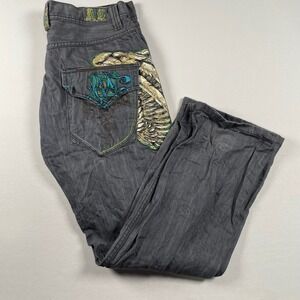 Vintage Embroidered Denim Jeans Winged‎ Pockets Blue Gray Wash Y2K Size 36x30